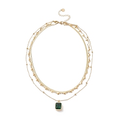 Golden Green Glass Rectangle Charms Triple Layer Necklace, Ion Plating(IP) 304 Stainless Steel Heart Link & Satellite & Herringbone Chains Necklace for Women, Golden, 15.35 inch(39cm)
