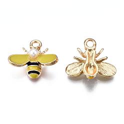 Jaune Pendentifs en émail , avec des perles en plastique imitation perle abs, or et de lumière, abeille, jaune, 15x17.5x6mm, Trou: 2mm