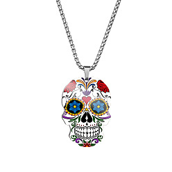 Royal Blue Stainless Steel Skull with Flower Pendant Necklaces, Halloween Jewelry for Women, Royal Blue, 23.62 inch(60cm)