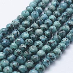 Cyan Foncé Brins de perles de larvikite naturelles, teint, ronde, dark cyan, 8~8.5mm, Trou: 1mm, Environ 47~49 pcs/chapelet, 14.5 pouces ~ 14.9 pouces (37~38 cm)
