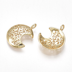 Real 18K Gold Plated Brass Pendants, Moon with Flower, Real 18K Gold Plated, 19x15x3mm, Hole: 1.8mm