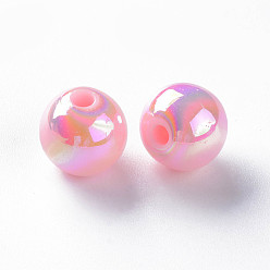 Rose Nacré Perles acryliques opaques, de couleur plaquée ab , ronde, perle rose, 10x9mm, Trou: 2mm, environ940 pcs / 500 g