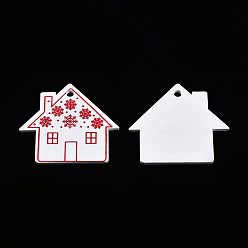 White Christmas Spray Painted Wood Big Pendants, with Single-Sided Printed, House Charm with Snowflake Pattern, White, 48x54x3mm, Hole: 4mm