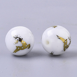 Plaqué Or Perles de verre opaque de Noël, rond avec motif de renne / cerf de Noël élan galvanoplastie, plaqué or, 10mm, Trou: 1.2mm