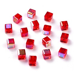 Rouge Galvanoplastie perles de verre transparentes, cube à facettes, arc-en-ciel plaqué, rouge, 6x6x6mm, Trou: 1.8mm