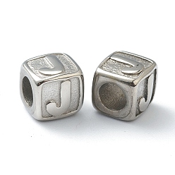 Letter J 304 Stainless Steel European Beads, Large Hole Beads, Horizontal Hole, Cube with Letter, Stainless Steel Color, Letter.J, 8x8x8mm, Hole: 4mm