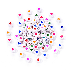 Mixed Color White Opaque Acrylic Beads, Flat Round with Mixed Color Heart Pattern, 7x7x3.5mm, Hole: 1.8mm, about 100pcs/bag