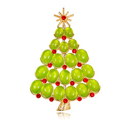 Amarillo de Verde Broche de resina de árbol de Navidad con diamantes de imitación, broche de aleación de oro claro para ropa de mochila, verde amarillo, 74x50 mm