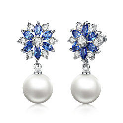 Dark Blue Platinum Plated Brass Flower Cubic Zirconia Stud Earrings, with Round Shell Pearl, Dark Blue, 13x13mm, Pin: 0.8mm