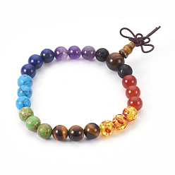 Mixed Stone Natural Mixed Stone and Resin Stretch Bracelets, with Metal Findings and Burlap Packing, Round, 2-1/8 inch(5.5cm)