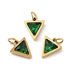 Green Vacuum Plating 304 Stainless Steel Pendants, with Cubic Zirconia and Jump Rings, Single Stone Charms, Triangle, Golden, Green, 11x9.5x3mm, Hole: 3.6mm