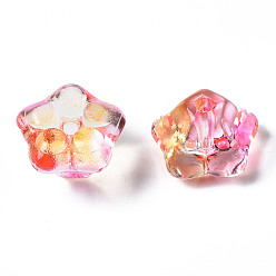 Rose Chaud Perles de verre peintes par pulvérisation transparentes deux tons, fleur, rose chaud, 10x10x7mm, Trou: 1.2mm