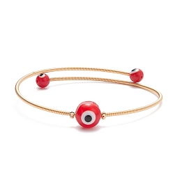 Red Lampwork Round with Evil Eye Beaded Cuff Bangle, Gold Plated Copper Torque Bangle for Women, Red, Inner Diameter: 2-1/4 inch(5.6cm)