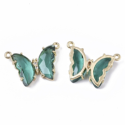 Medium Sea Green Glass Pendants, with  Micro Pave Cubic Zirconia and Brass Open Back Settings, Faceted, Butterfly, Golden, Medium Sea Green, 16.5x23.5x5.5mm, Hole: 1.2mm
