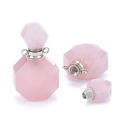 Quartz Rose Pendentifs de bouteille de parfum à quartz rose naturel facetté, avec 304 accessoires en acier inoxydable, couleur inox, 34~36x20~22x12~13mm, Trou: 1.8mm, capacité de la bouteille: 1 ml (0.034 fl. oz)