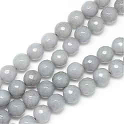 Light Grey Natural White Jade Bead Strands, Dyed, Faceted, Round, Light Grey, 8~9mm, Hole: 1mm, about 46pcs/strand, 14.76~14.96 inch(37.5~38cm)