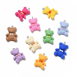 Mixed Color Opaque Resin Pendants, with Platinum Tone Iron Loops, Bear with Bowknot, Mixed Color, 27~30x20~21.5x4.5~5mm, Hole: 2mm
