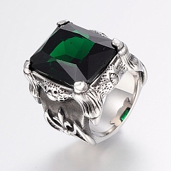 Green 304 Stainless Steel Finger Rings, with Cubic Zirconia, Rectangle, Green, 17~22mm