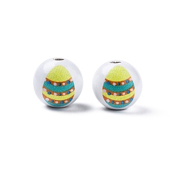 Egg Perles en bois imprimées sur le thème de Pâques, ronde, verte, motif de thème de Pâques, 15.5~16x15mm, Trou: 3.5mm