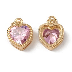 Pearl Pink Rack Plating Brass with Cubic Zirconia Charms, Heart, Cadmium Free & Lead Free, Long-Lasting Plated, with Jump Ring, Real 18K Gold Plated, Pearl Pink, 13x10x5mm, Hole: 0.9mm