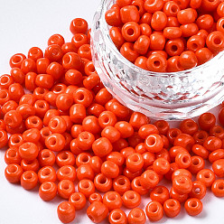 Rouge Orange 6/0 perles de rocaille de verre, cuisson des peintures, trou rond, ronde, rouge-orange, 4~5x3~5mm, Trou: 1.2~1.5mm, environ 4500 pcs / livre