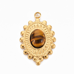 Peru 304 Stainless Steel Pendants, with Tiger Eye, Oval, Peru, 23.5x15x4~5mm, Hole: 1.8mm