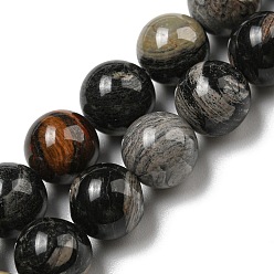 Jaspe Feuille Argent Perles de jaspe argent noir naturel, ronde, 10mm, Trou: 0.7mm, Environ 40 pcs/chapelet, 15.63'' (39.7 cm)