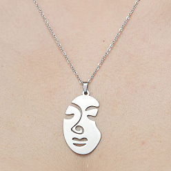 Stainless Steel Color 201 Stainless Steel Hollow Abstract Face Pendant Necklace, Stainless Steel Color, 17.72 inch(45cm)