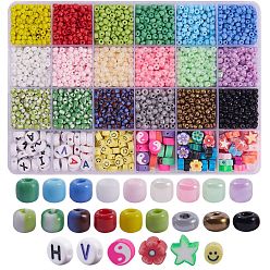 Mixed Color DIY Bracelets Jewelry Making Kits, 3720Pcs Round Glass Seed Beads, 240Pcs Flat Round & Flower & Star Polymer Clay/Acrylic Beads, Mixed Color, 4mm, Hole: 1.5mm, 3960pcs/box