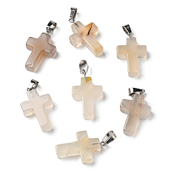 Natural Agate Natural White Agate Pendants, with Stainless Steel Snap On Bails, Cross, 29~30x18~19x5~6mm, Hole: 6x4mm