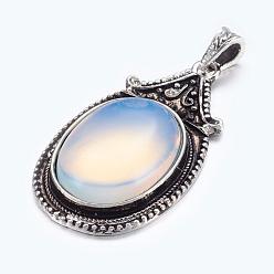 Lavender Blush Opalite Big Pendants, with Alloy Findings, Antique Silver Color, Oval, White, Size: about 29mm wide, 56mm long, 11mm thick, hole: 4mm wide, 6mm long