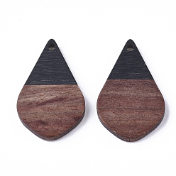 Black Resin & Walnut Wood Pendants, Teardrop, Black, 28x18x3mm, Hole: 2mm
