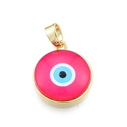 Deep Pink Glass Pendants, with Golden Plated Brass Findings, Flat Round with Evil Eye, Deep Pink, 19x16.5x5mm, Hole: 5x3.5mm
