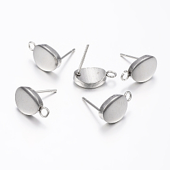 Stainless Steel Color 304 Stainless Steel Stud Earring Findings, with Loop, Egg Shape, Stainless Steel Color, Pin: 0.8mm, 12x7x2mm, Hole: 2mm