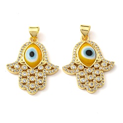 Goldenrod Brass Cubic Zirconia Pendants, with Lampwork, Real 18K Gold Plated, Hamsa Charm, Real 18K Gold Platedrod, 24x20.5x4mm, Hole: 5x3.5mm