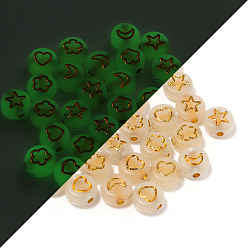 Gold Luminous Plating Acrylic Beads, Glow In The Dark, Flat Round with Heart & Star & Moon, Gold, 7x3.6mm, Hole: 1.3mm, 100pcs/bag
