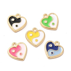 Golden Alloy Enamel Charms, Heart with Yin Yang, Mixed Color, Golden, 14x13.5x1.7mm, Hole: 1.6mm