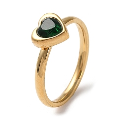 Green Ion Plating(IP) 304 Stainless Steel Finger Ring, with Cubic Zirconia, Heart, Green, 2mm, Inner Diameter: 17.4mm