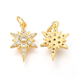 Real 18K Gold Plated Brass Micro Pave Clear Cubic Zirconia Charms, with Jump Rings, Star, Real 18K Gold Plated, 14x8.7x2.46mm, Hole: 2.6mm