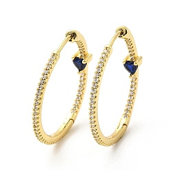 Azul Oscuro Aretes de aro con corazón de circonitas cúbicas, joyas de latón chapado en oro real 18k para mujer, azul oscuro, 30x1.5~4.5 mm, pin: 1 mm