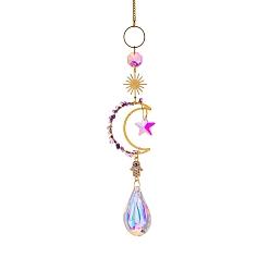 Dark Violet Glass & Brass Moon Star Pendant Decorations, Hanging Suncatchers, with Chips Artificial Agate, for Home Decoration, Dark Violet, 400~430mm
