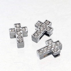 Platinum Alloy Cross Slide Charms with Grade A Rhinestones, Platinum, 13x9x4mm, Hole: 8x2mm