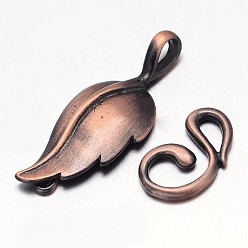 Brushed Red Copper Brass Hook Clasps, For Leather Cord Bracelets Making, Leaf, Brushed Red Copper, Leaf: 33x13x3mm, Hook: 17x10x2mm, Hole: 1mm and 3x3mm