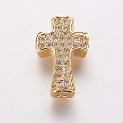 Golden Brass Cubic Zirconia Beads, Cross, Clear, Golden, 14x9x3.5mm, Hole: 1mm