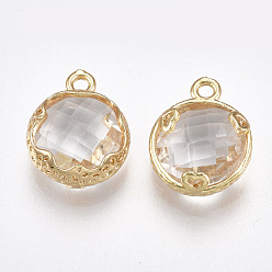 Clear Glass Charms, with Brass Findings, Faceted, Flat Round with Heart, Golden, Clear, 14x11.5x4.5mm, Hole: 1.5mm