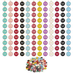 Letter M 120Pcs 12 Colors Golden Plated Alloy Charms, with Enamel, Enamelled Sequins, Flat Round with Letter, Letter.M, 14x12x2mm, Hole: 1.5mm, 10pcs/color