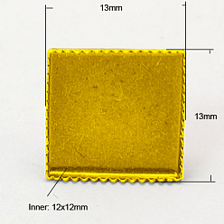 Golden Brass Stud Earring Settings, Golden, 13x13mm, Tray: 12x12mm, Pin: 0.6mm thick