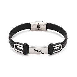 Autres 201 bracelet à maillons rectangulaires en acier inoxydable avec cordon en cuir pu pour hommes femmes, noir, motif de vague, 9-1/8 pouce (23 cm)