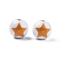 Étoiles de mer Perles en bois imprimées sur le thème de la plage, ronde, orange foncé, motif étoile de mer, 15.5~16x15mm, Trou: 3.5mm