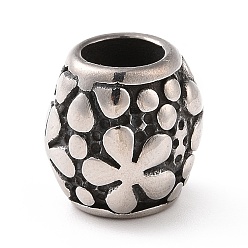 Antique Silver 304 Stainless Steel European Beads, Large Hole Beads, Barrel with Flower, Antique Silver, 11x11mm, Hole: 6mm